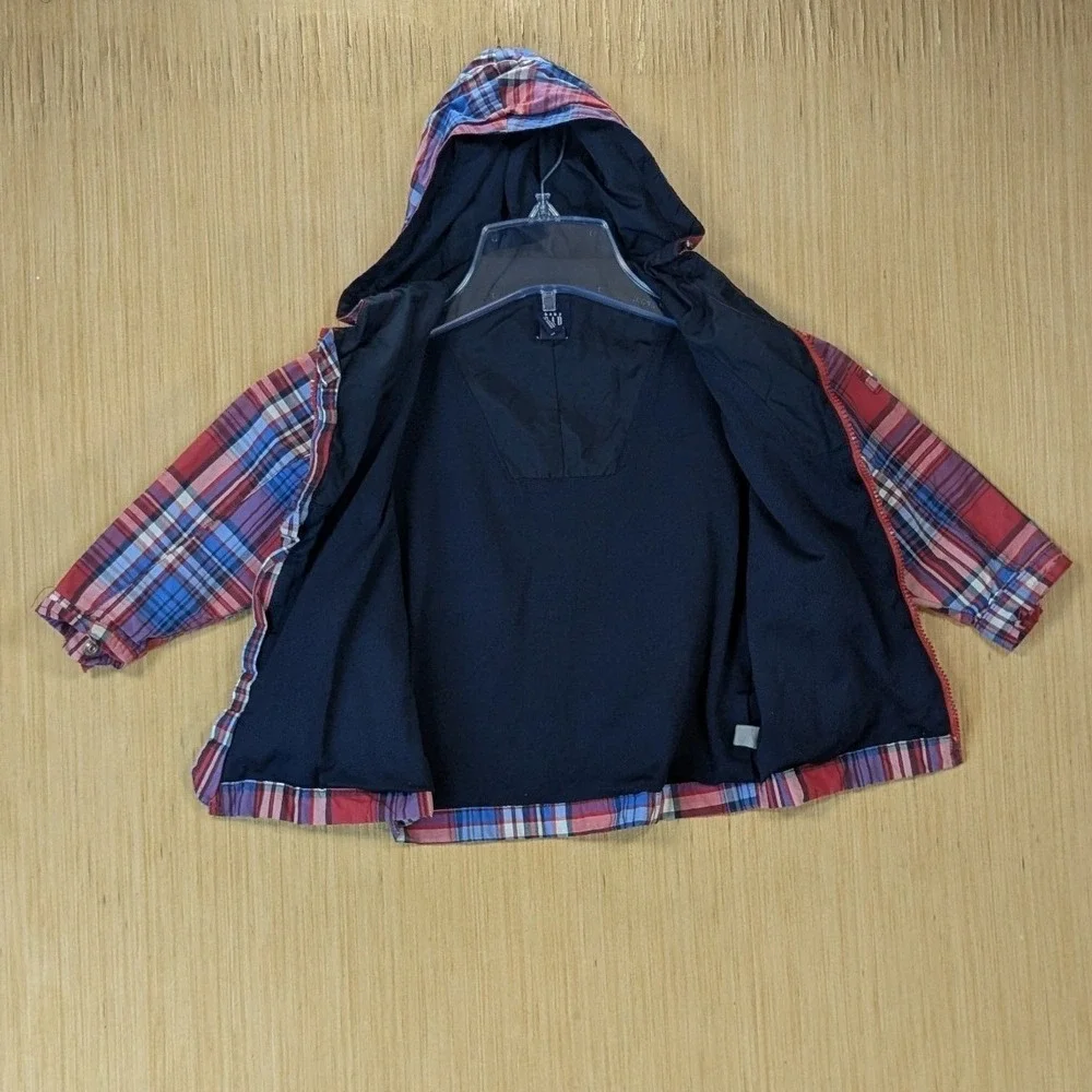 Vintage Y2K Baby Gap Toddler Boys Red Blue Plaid Hooded Windbreaker Jacket 3T